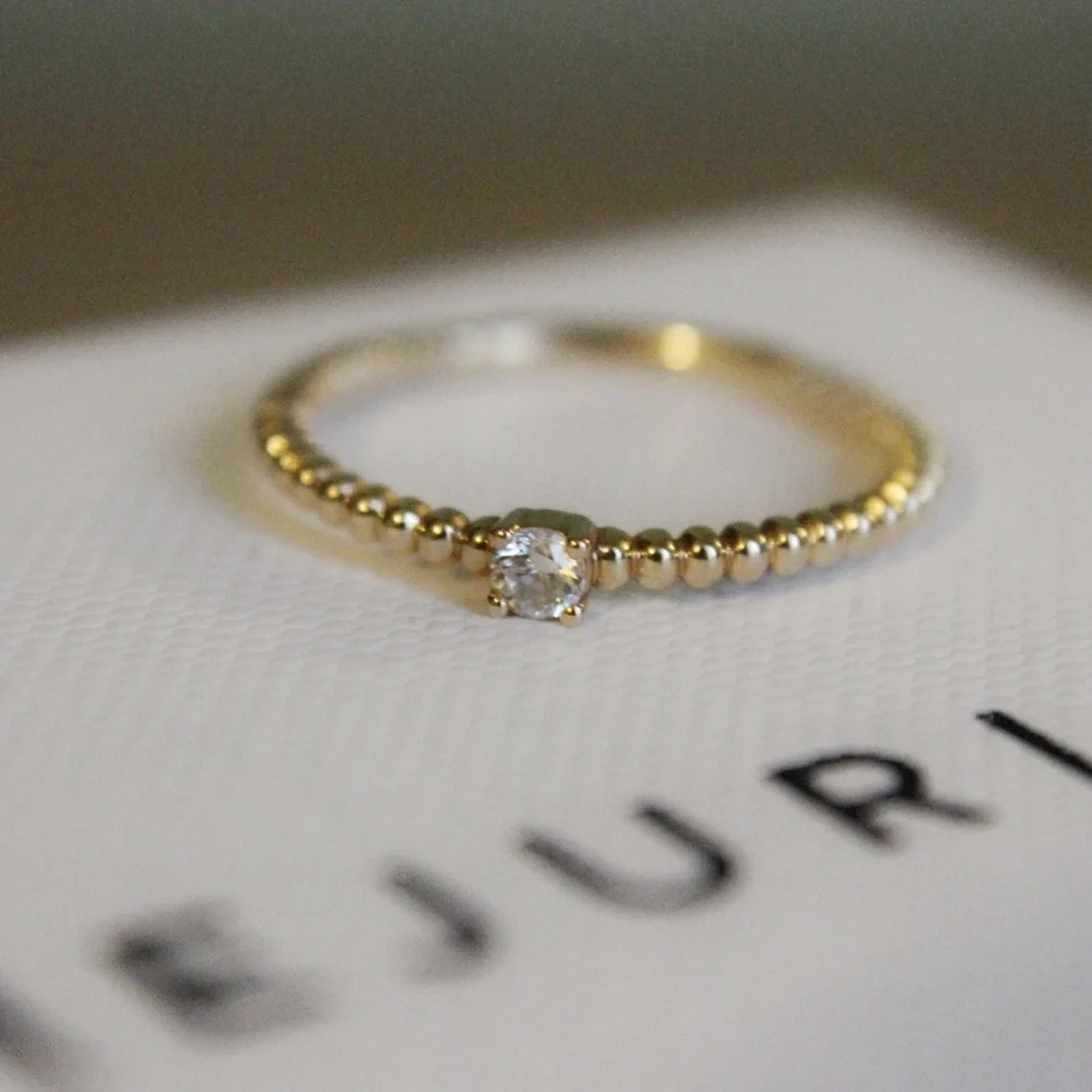 Mejuri Solid 14k Yellow Gold Beaded Diamond Solitaire Ring Size 6 - Picture 5 of 13